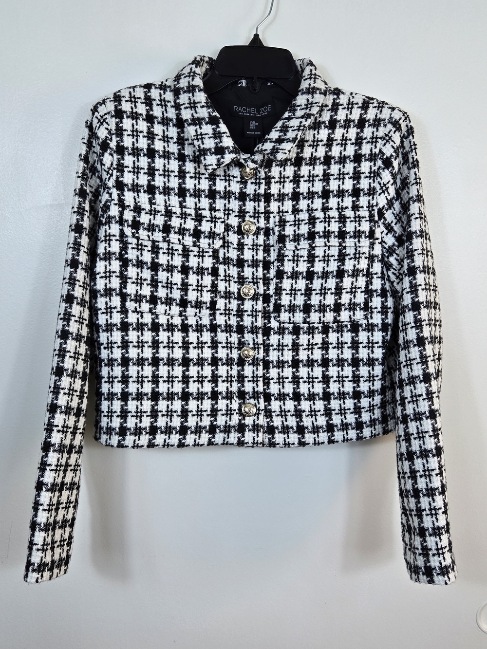 Rachel Zoe Women Andre Black White‎ Tweed Houndstooth Cropped Jacket Medium NEW